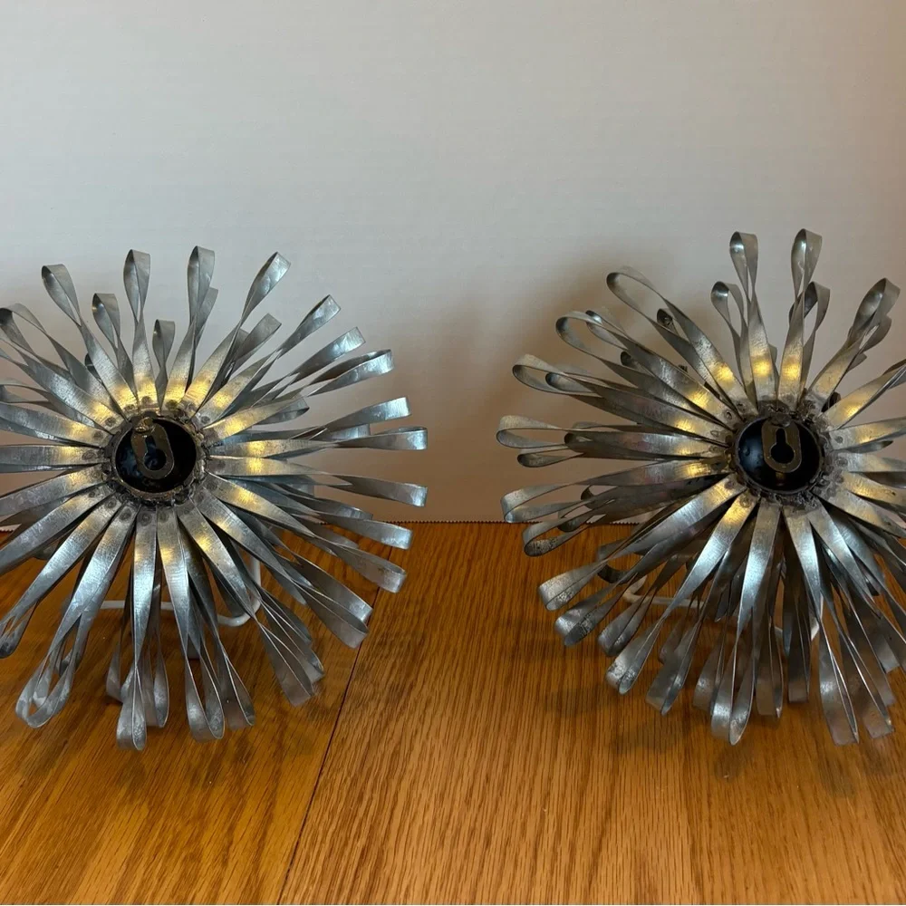 Industrial Modern Metal Wall Sculptures Pair Silver Burst Flower Art Decor 12” - Picture 10 of 12